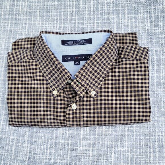 Tommy Hilfiger Button Down Plaid Shirt Brown Tan Men's L - Picture 14 of 16